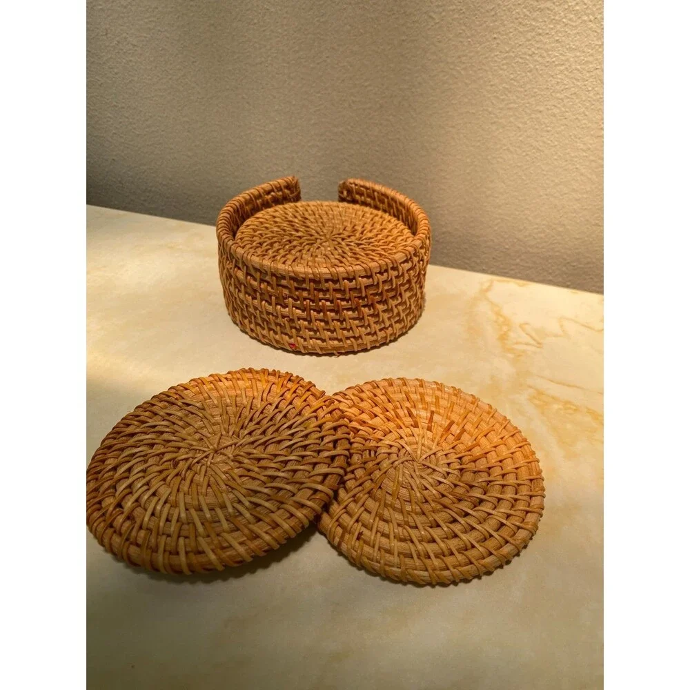 6pcs Vintage Rattan Drinks Tea Cup Mats Coasters Round Teapot Insulation Mat